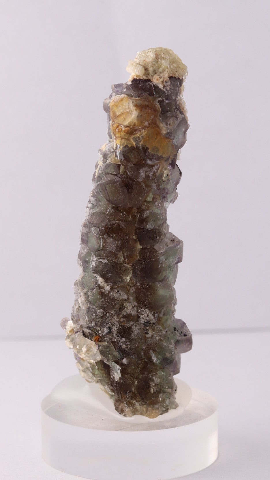 Front view of light green and purple Fluorite with Hyalite.
