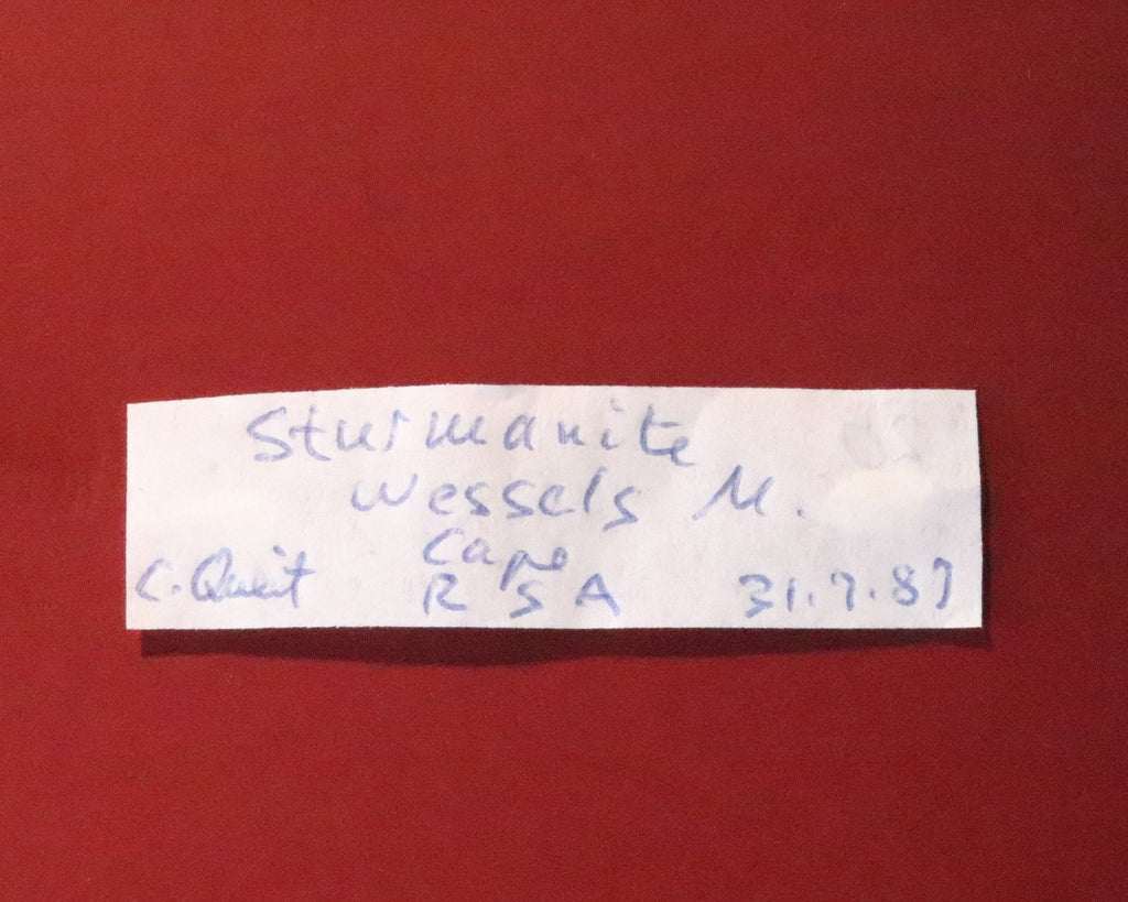 Label for Sturmanite thumbnail from Wessels Mine, South Africa. Ex. Clive Queit