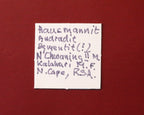 Front of label for Hausmannite with Andradite and possibly Bementite from N'Chwaning II, Kalahari Manganese Fields, South Africa