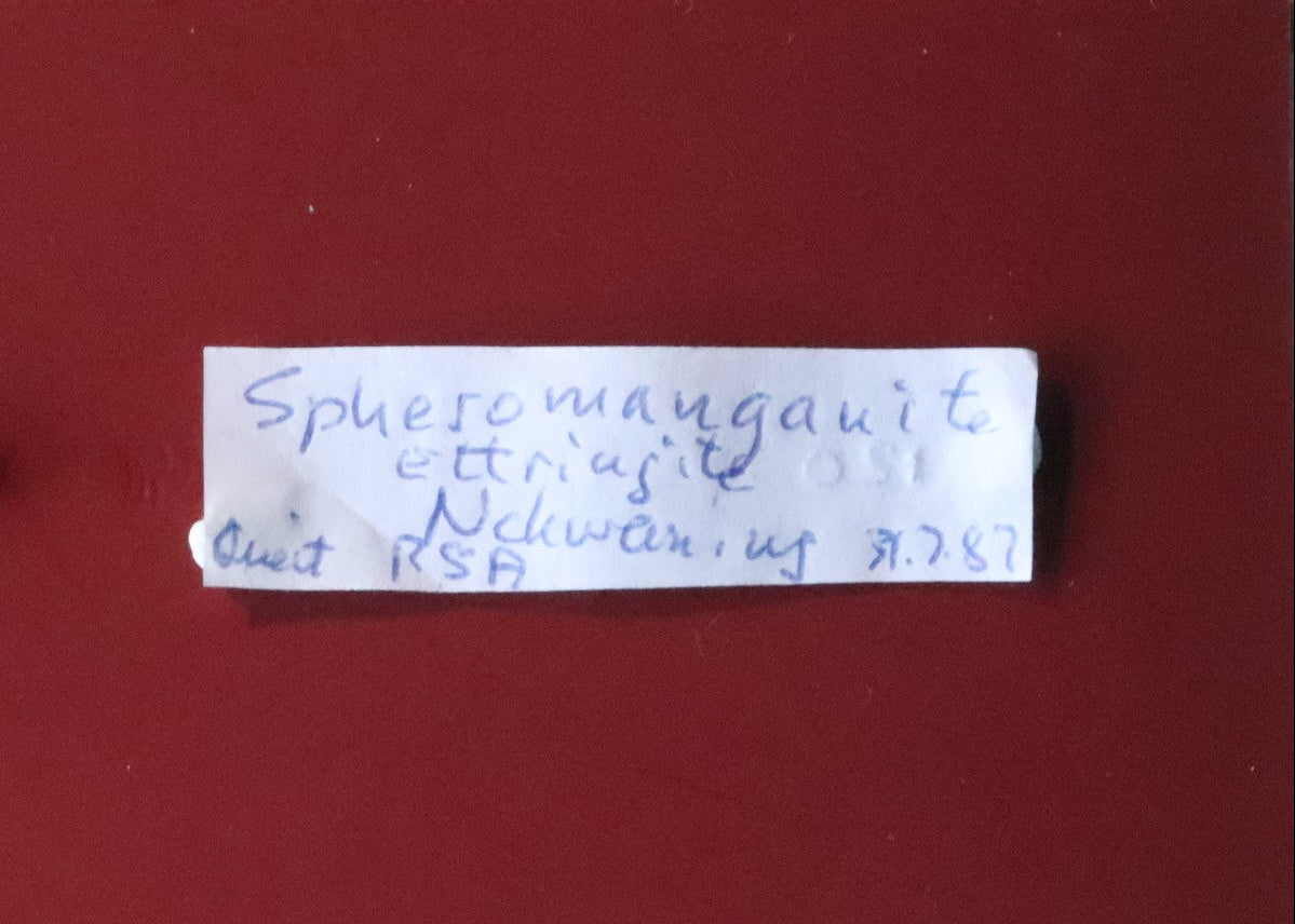 Label for Sphenoidal Manganite with Ettringite thumbnail from N'Chwaning, South Africa. Ex. Clive Queit.