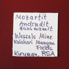 Front of label for Mozartite, Andradite and Hausmannite thumbnail from Wessels Mine, South Africa. Ex. Dr von Bezing.