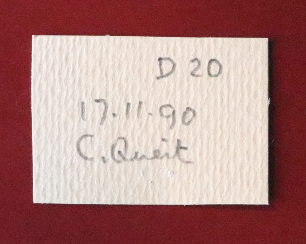 Back of label for Gageite in Barite thumbnail from N'Chwaning, South Africa. Ex. Clive Queit.