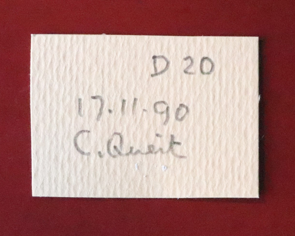 Back of label for Gageite in Barite thumbnail from N'Chwaning, South Africa. Ex. Clive Queit.