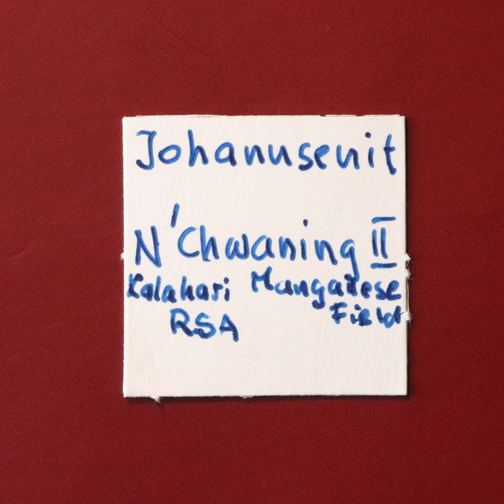 Front of label for rare Johannsenite mineral specimen from N'Chwaning II, Kalahari Manganese Fields, South Africa