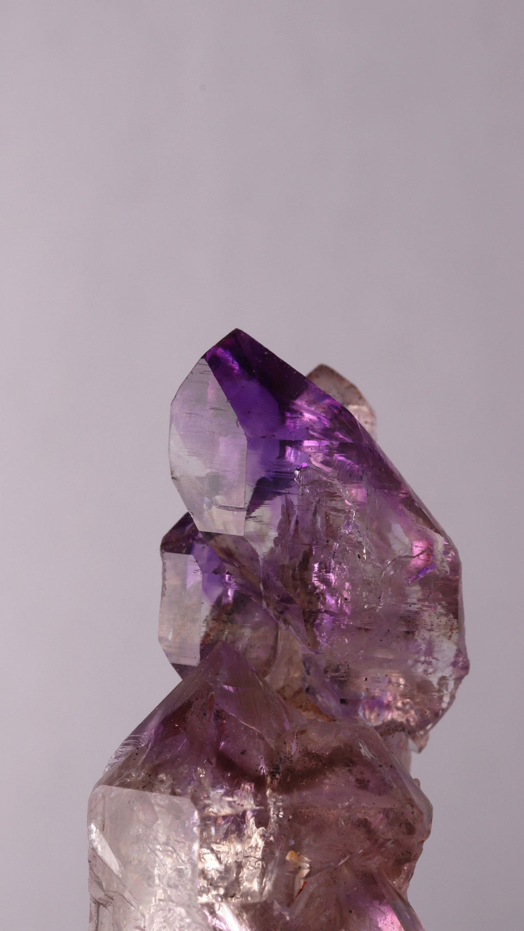 Beautiful close-up of the front of the Amethyst sceptre on Quartz point