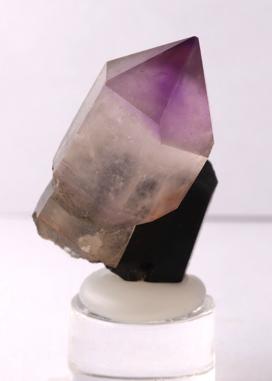 Side view of a sharp deep purple Amethyst sceptre on Schorl.