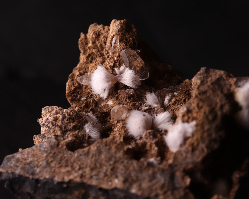 Close-up view of Bultfonteinite with Calcite mineral specimen from N'Chwaning II, Kalahari Manganese Fields, South Africa