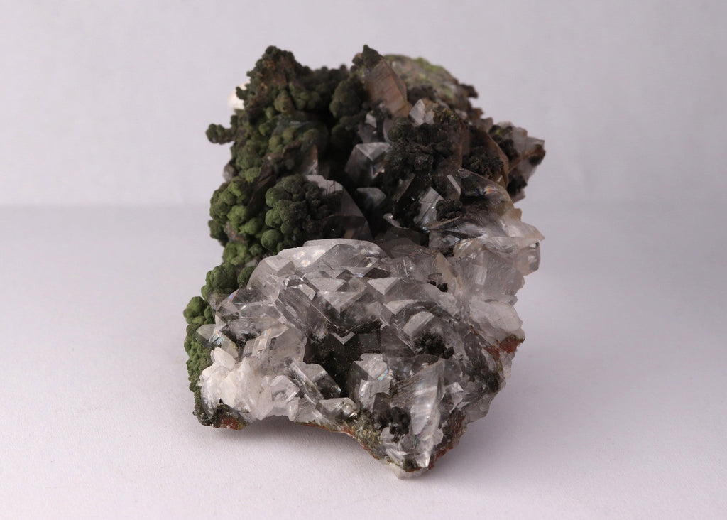 Side view of Calcite with Mottramite mineral specimen from Tsumeb, Oshikoto Region, Namibia