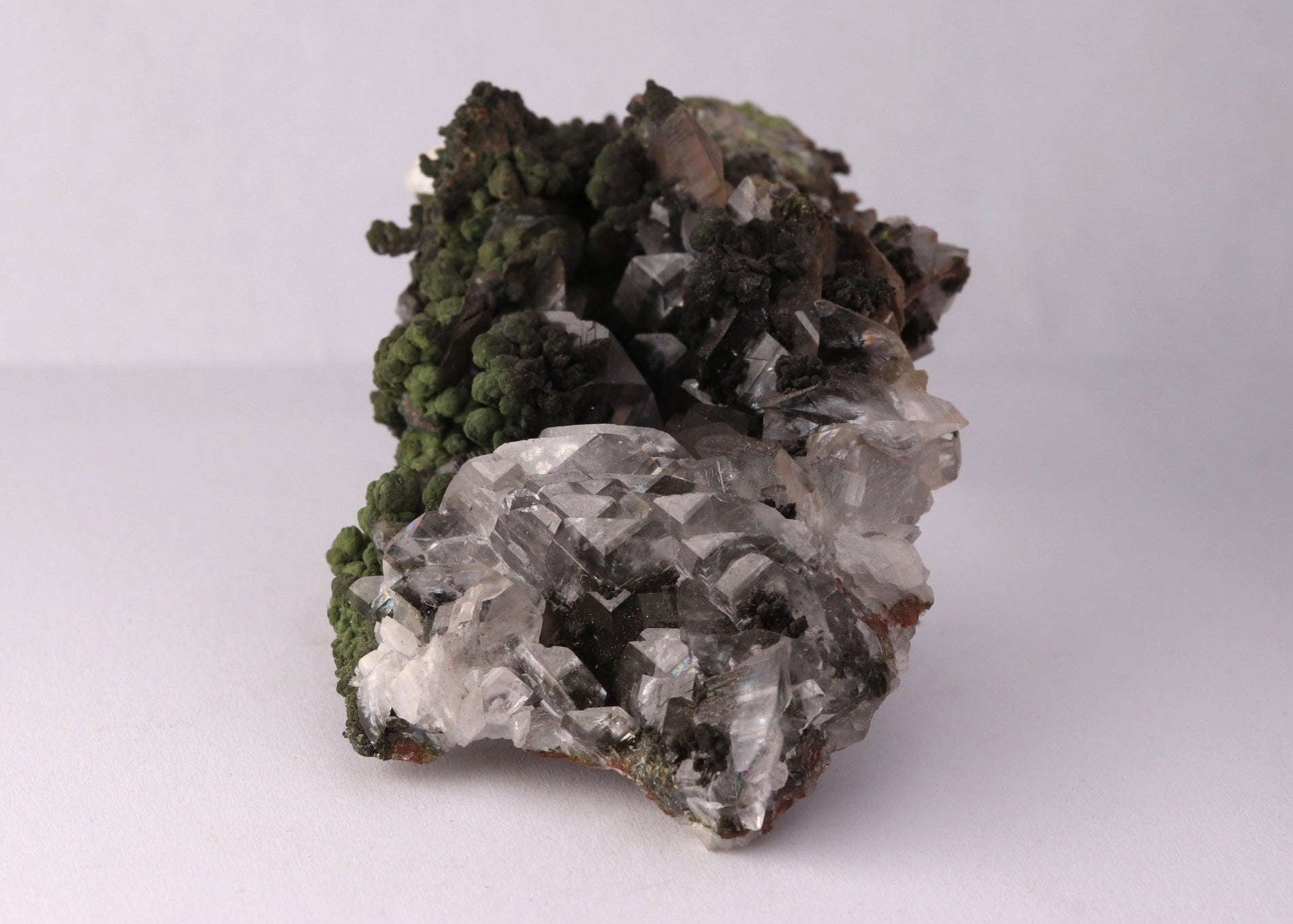 Side view of Calcite with Mottramite mineral specimen from Tsumeb, Oshikoto Region, Namibia