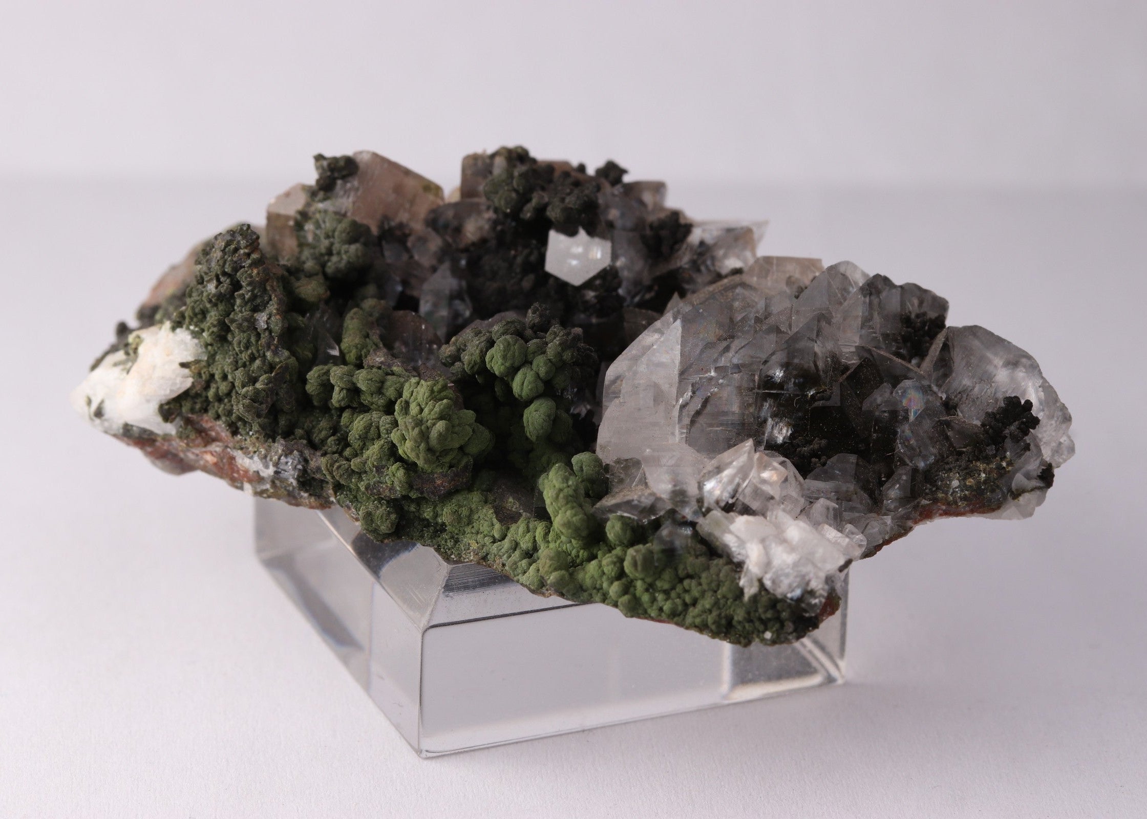 Close-up flat view of Calcite with Mottramite mineral specimen from Tsumeb, Oshikoto Region, Namibia