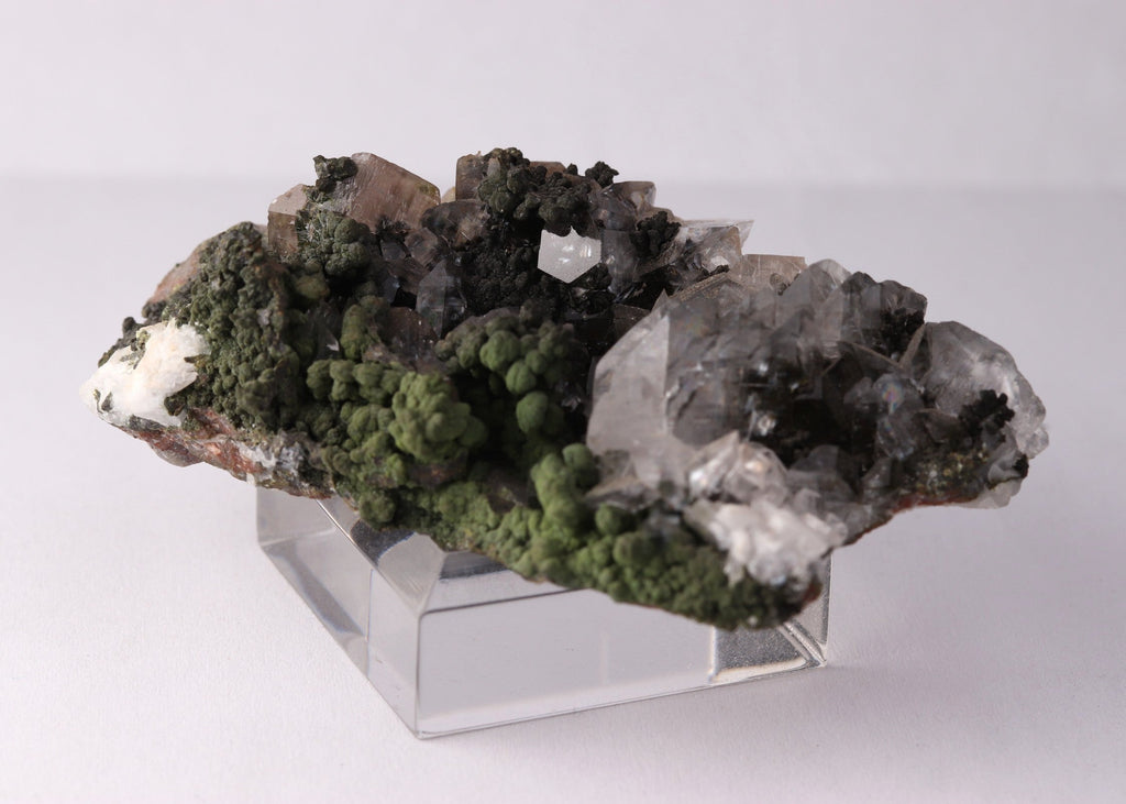 Close-up flat view of Calcite with Mottramite mineral specimen from Tsumeb, Oshikoto Region, Namibia