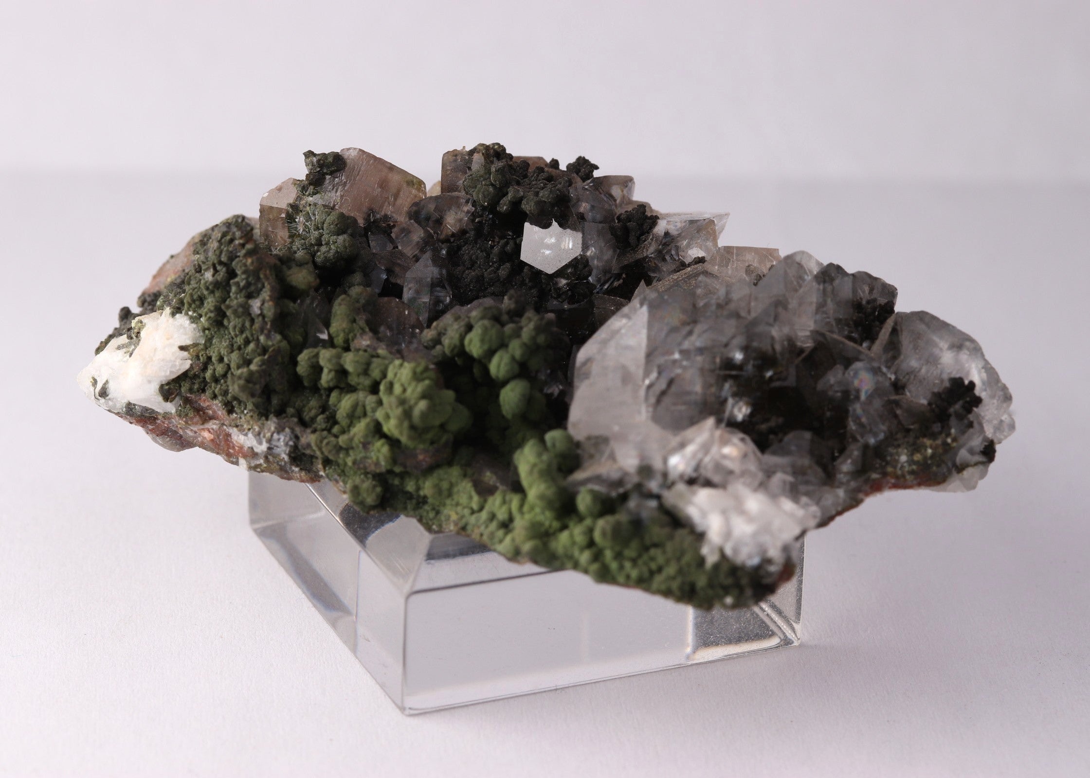 Close-up flat view of Calcite with Mottramite mineral specimen from Tsumeb, Oshikoto Region, Namibia