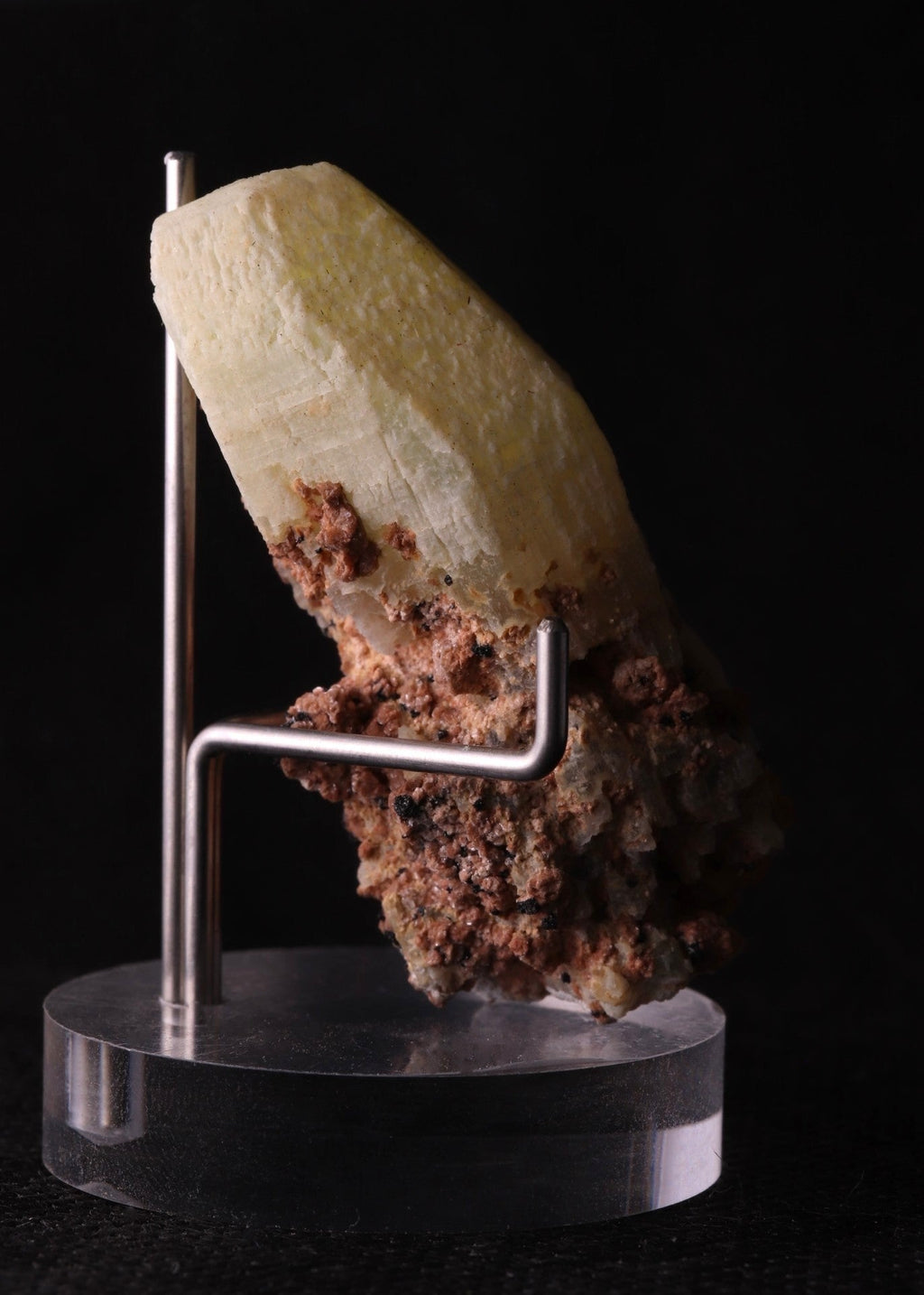 Side view of a nice pale yellow Ettringite mineral specimen from N'Chwaning, Kalahari Manganese Fields, South Africa
