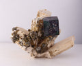 Front view of gorgeous blue-purple Fluorite cube on Feldspar from Erongo Region, Namibia