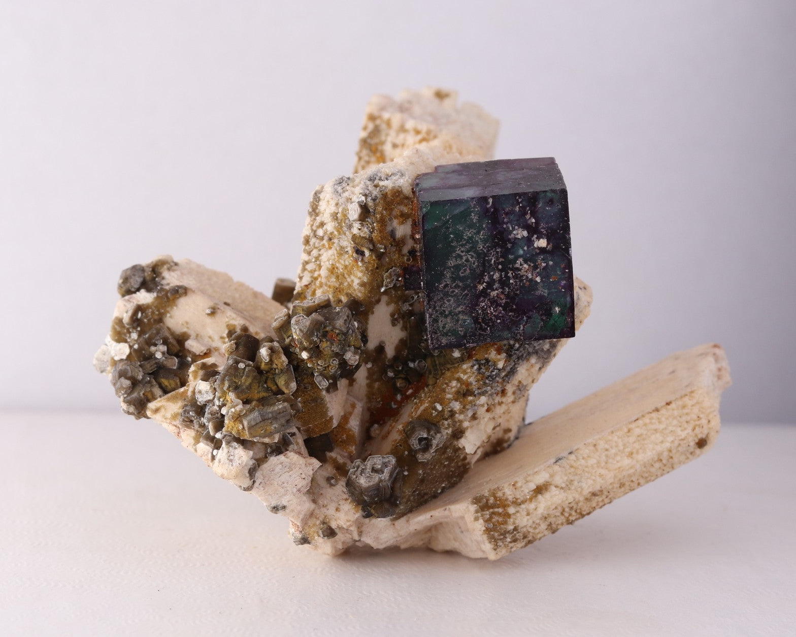 Front view of gorgeous blue-purple Fluorite cube on Feldspar from Erongo Region, Namibia