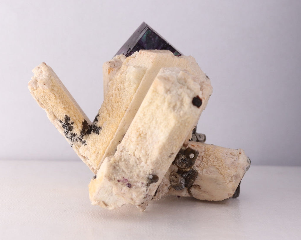 Back view of gorgeous blue-purple Fluorite cube on Feldspar from Erongo Region, Namibia
