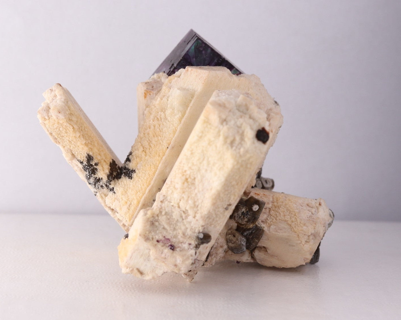 Back view of gorgeous blue-purple Fluorite cube on Feldspar from Erongo Region, Namibia
