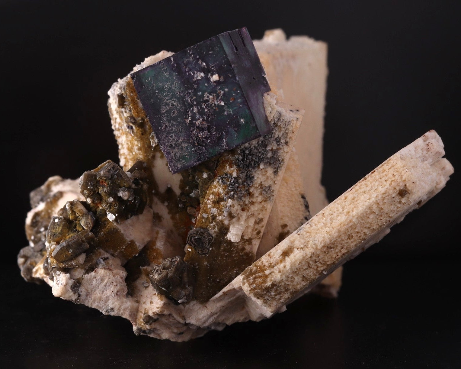 Front view of gorgeous blue-purple Fluorite cube on Feldspar from Erongo Region, Namibia
