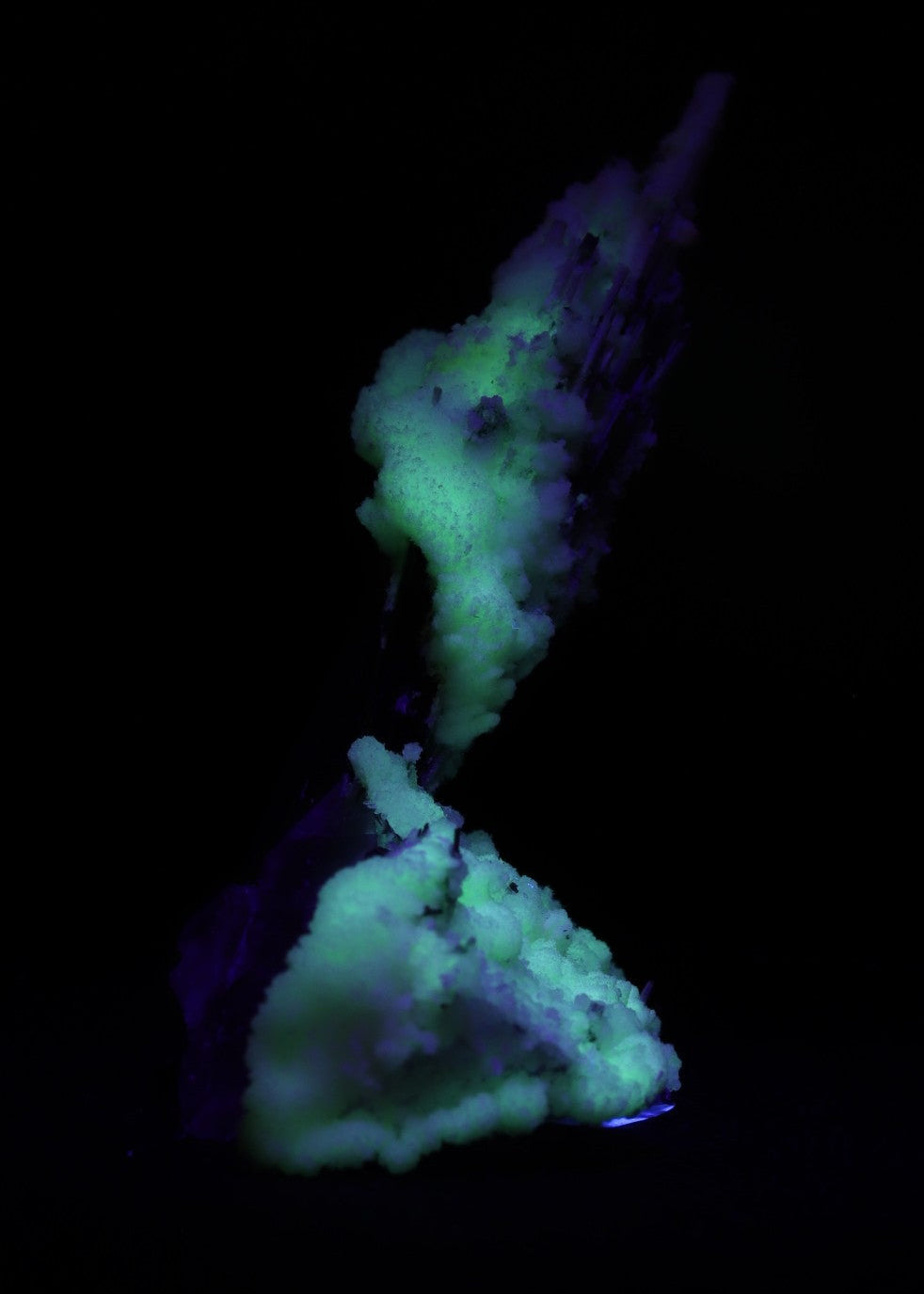 Fluorescent side view of stunning Fluorite with Hyalite and Schorl from Erongo, Namibia