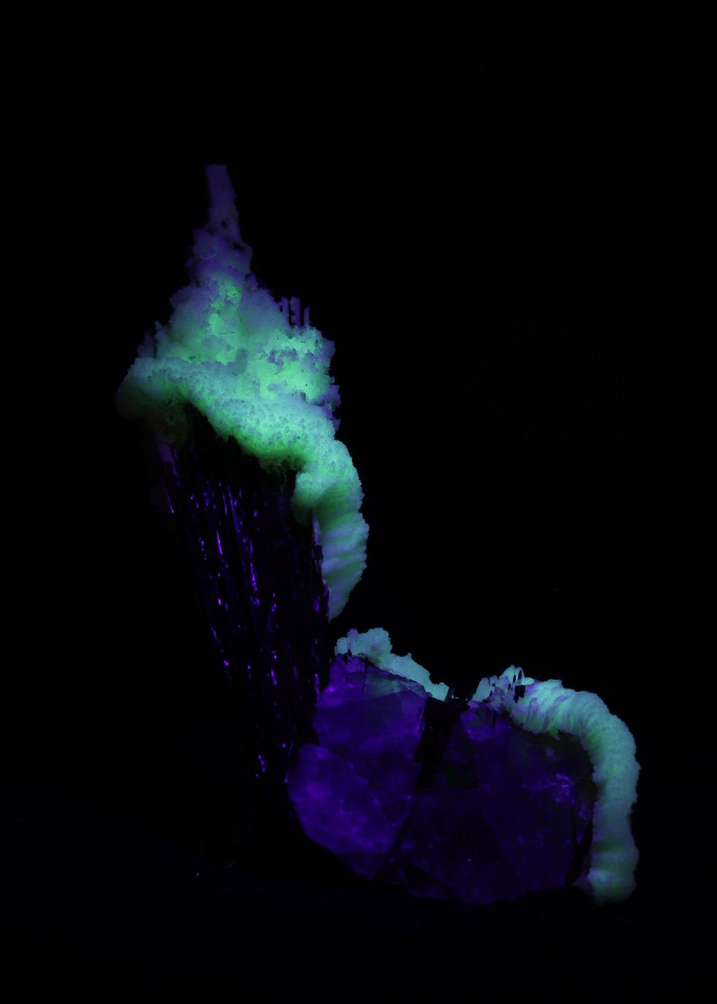Fluorescent front view of stunning Fluorite with Hyalite and Schorl from Erongo, Namibia