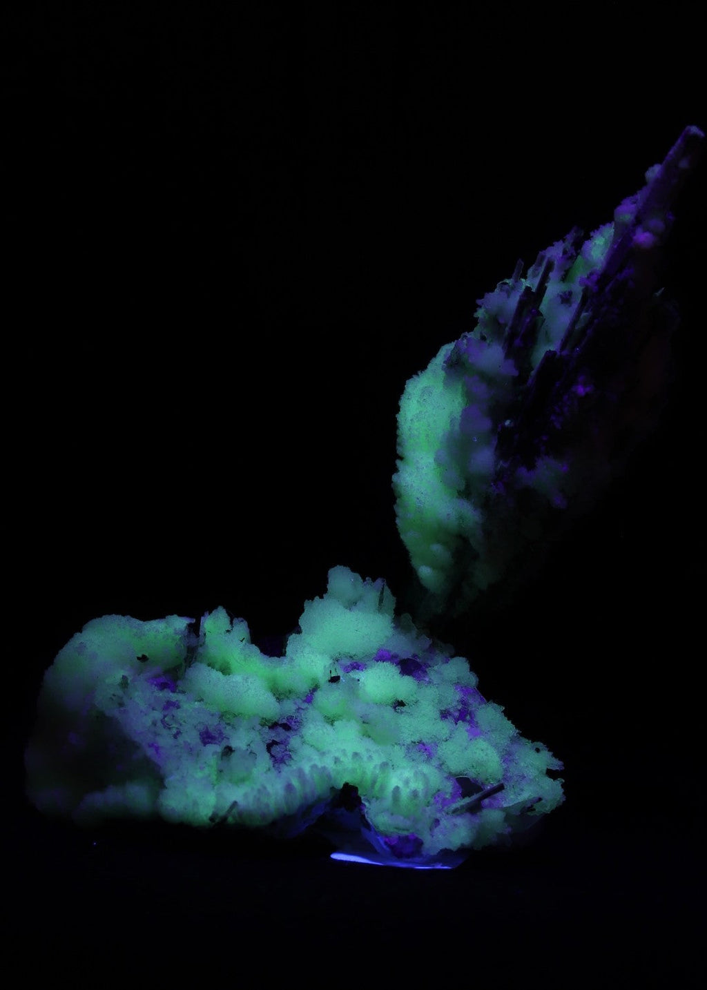 Fluorescent back view of stunning Fluorite with Hyalite and Schorl from Erongo, Namibia