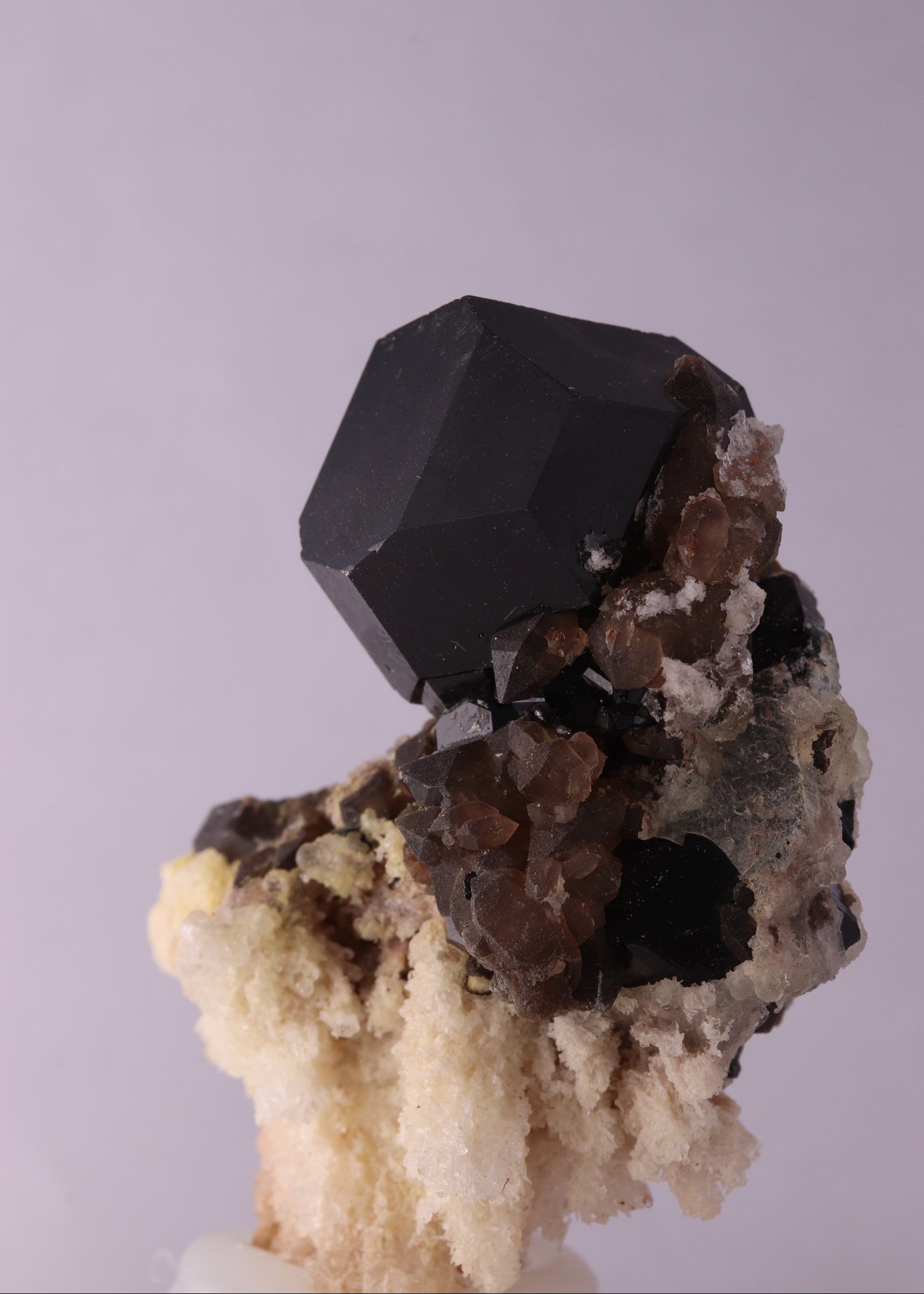 Close-up side view of great combination of Fluorite with Schorl, Quartz and Hyalite from Erongo, Nambia