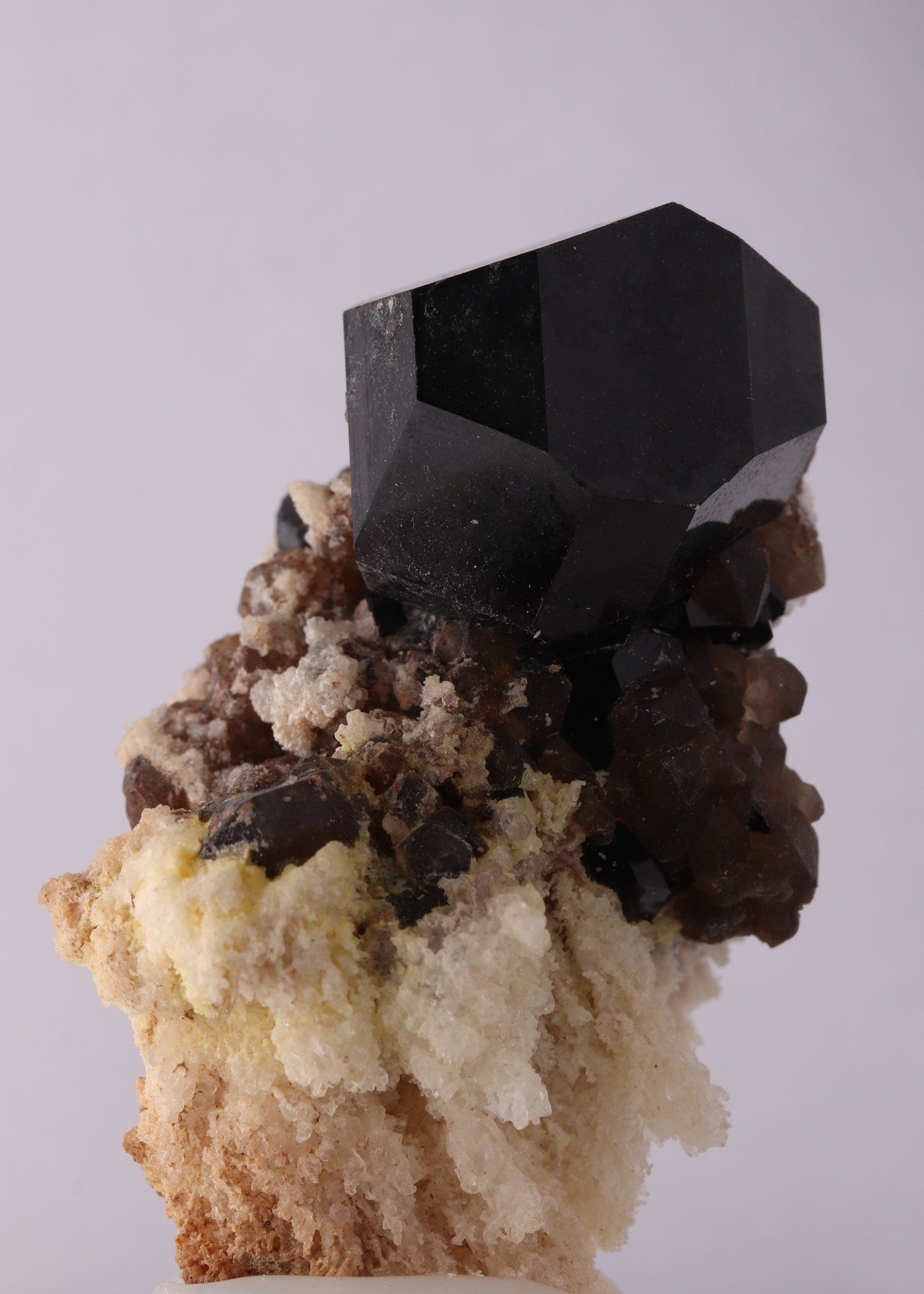 Close-up front view of great combination of Fluorite with Schorl, Quartz and Hyalite from Erongo, Nambia