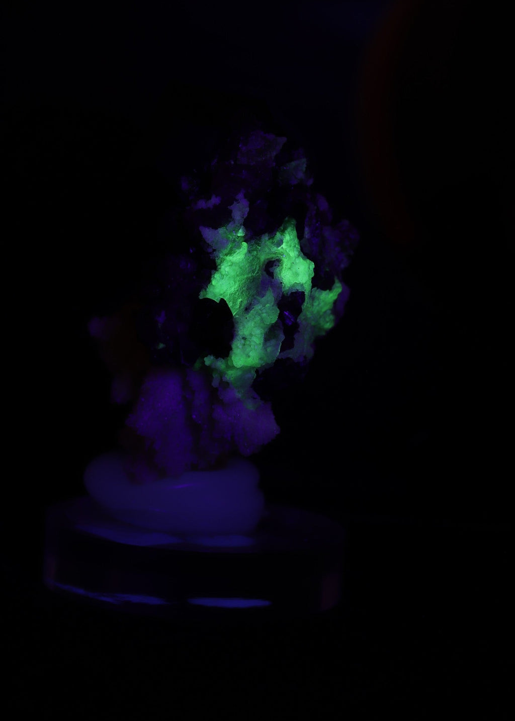 Fluorescent view of great combination of Fluorite with Schorl, Quartz and Hyalite from Erongo, Nambia