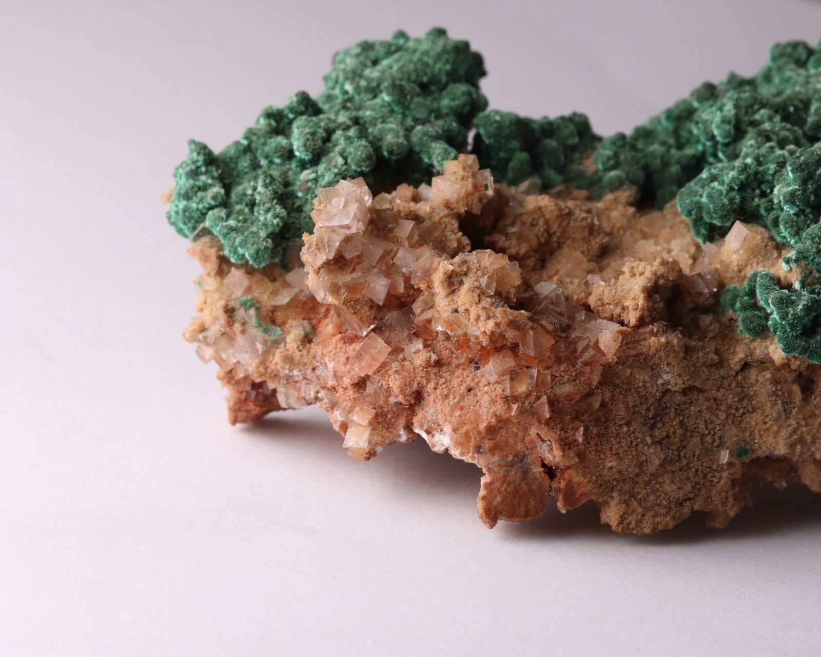 Close-up view of Malachite with Calcite mineral specimen from Tsumeb, Oshikoto Region, Namibia