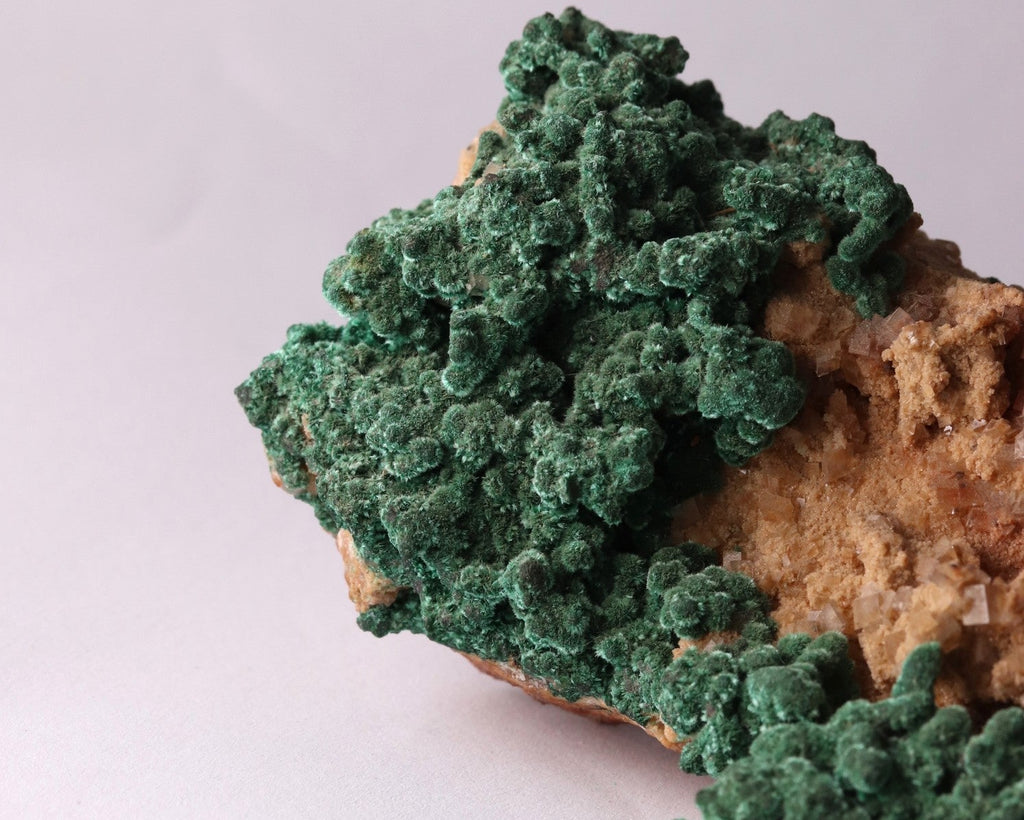 Close-up view of Malachite with Calcite mineral specimen from Tsumeb, Oshikoto Region, Namibia