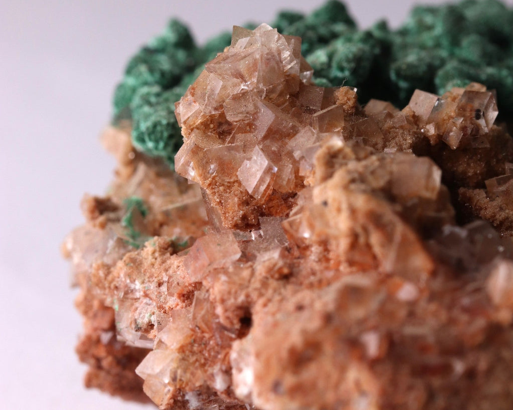 Close-up view of Malachite with Calcite mineral specimen from Tsumeb, Oshikoto Region, Namibia