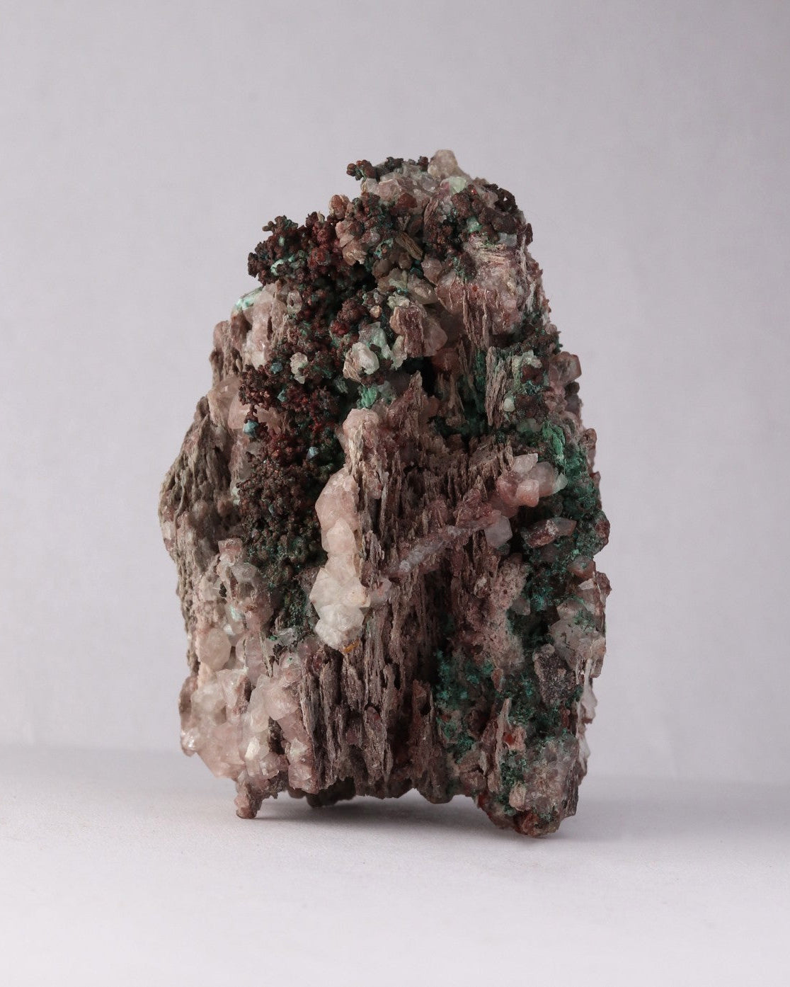 Front view of Native Copper with Calcite and Malachite mineral specimen from Tsumeb, Oshikoto Region, Namibia