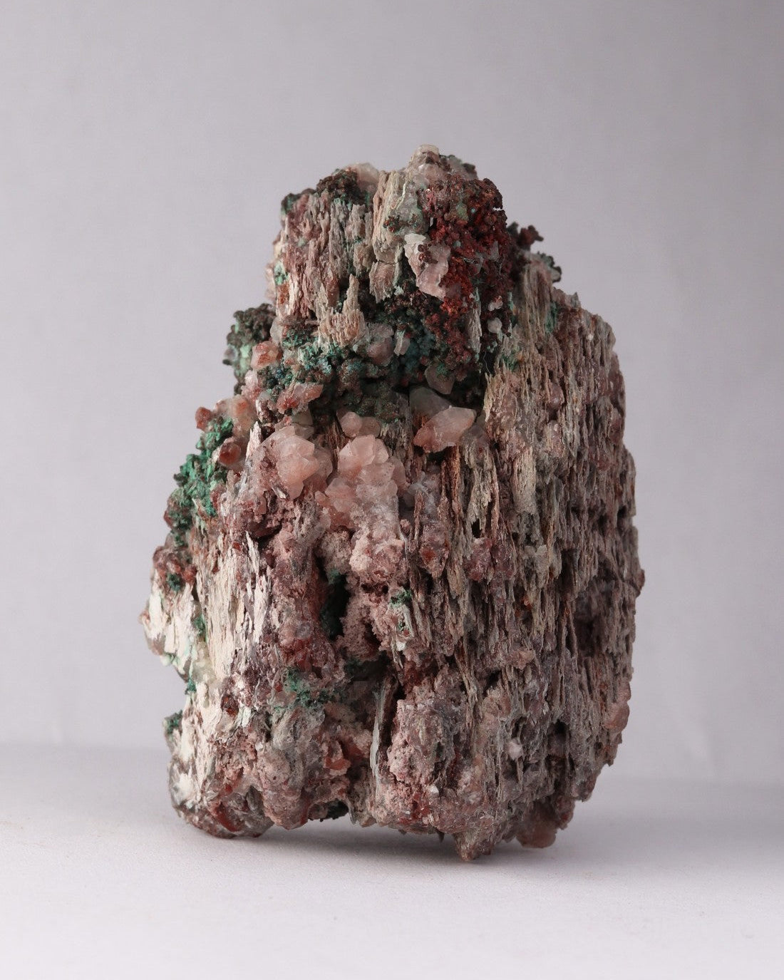 Back view of Native Copper with Calcite and Malachite mineral specimen from Tsumeb, Oshikoto Region, Namibia