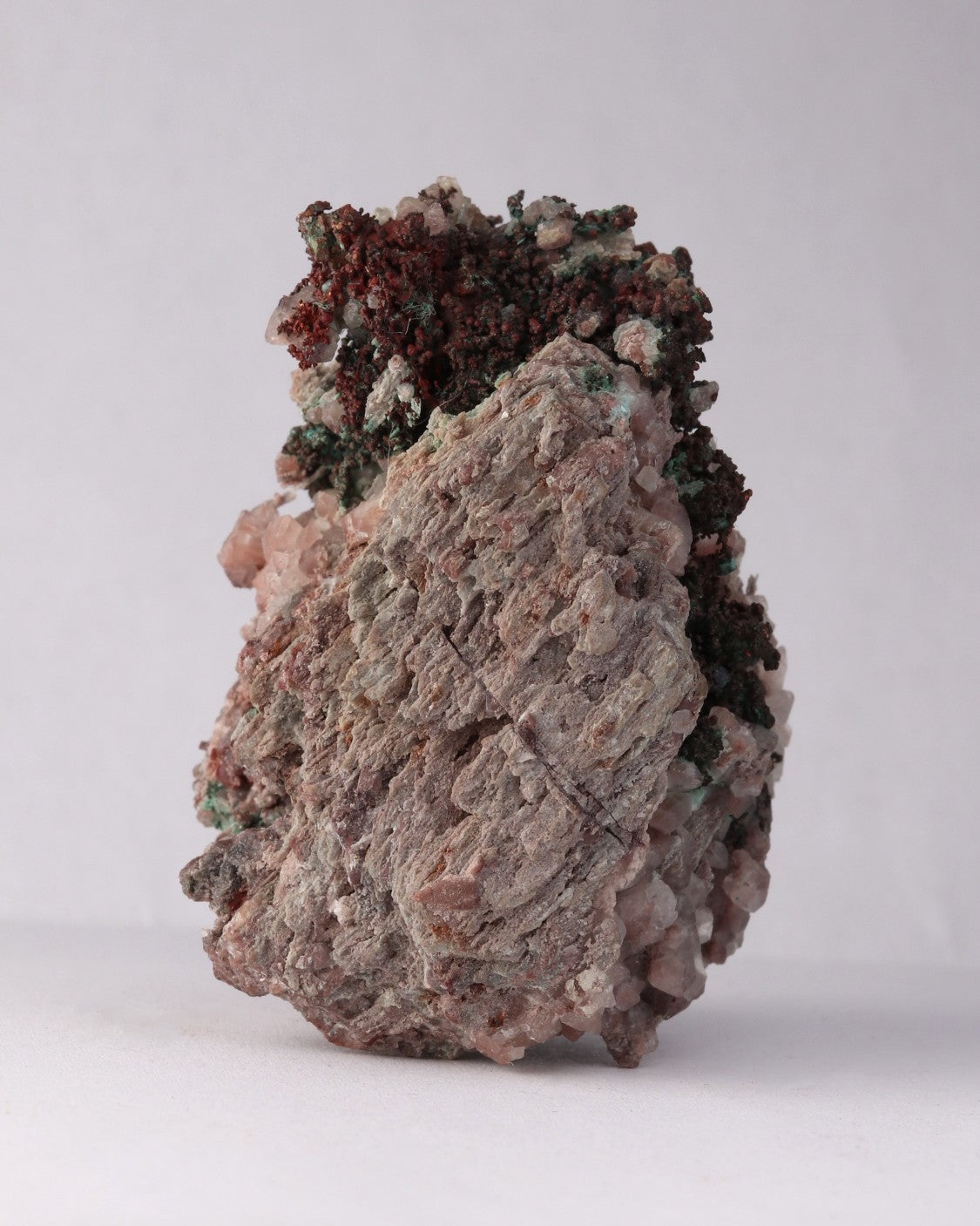Side view of Native Copper with Calcite and Malachite mineral specimen from Tsumeb, Oshikoto Region, Namibia