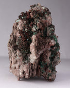 Close-up front view of Native Copper with Calcite and Malachite mineral specimen from Tsumeb, Oshikoto Region, Namibia