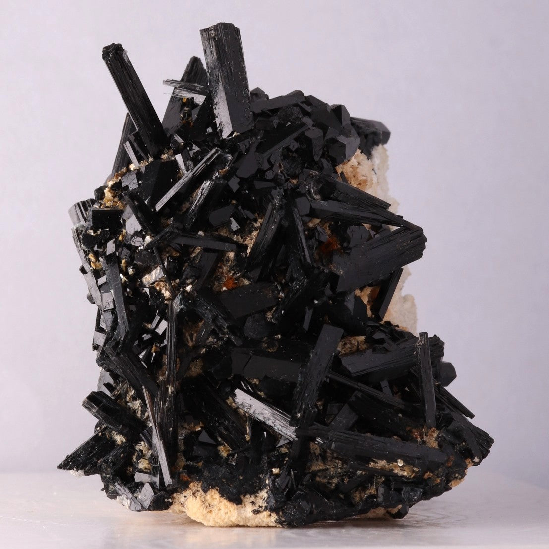 Front view of hedgehog Schorl crystals on Orthoclase 