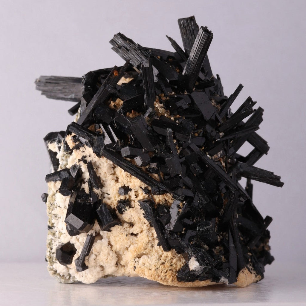 Side view of hedgehog Schorl crystals on Orthoclase 